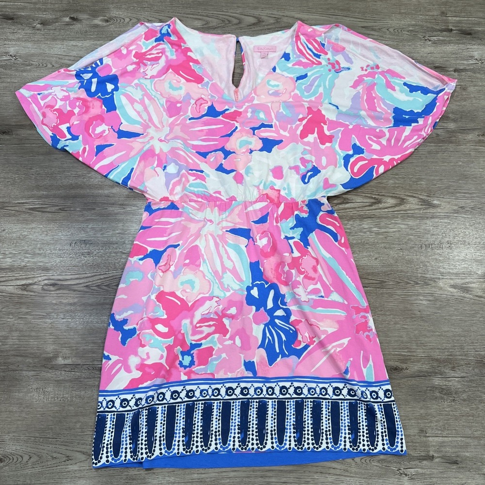 Lilly Pulitzer Cold Shoulder Capelet Dress Womens M Pink Blue Floral 24605